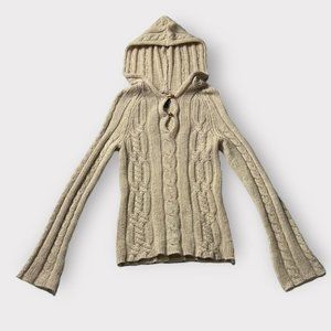 Vintage American Eagle 100% wool cream cable knit sweater with hood. Size XS